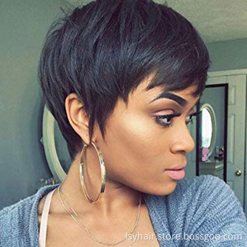 Lsy Non Lace Pixie  Cut Human Hair Wig Color Natural Black 100% Brazilian Hair Wigs For Sale
